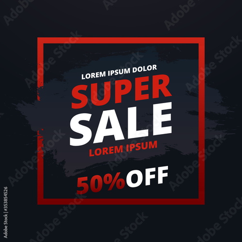 Super Sale banner. Minimal geometric abstract background. Black friday. Bright design texture. Dynamic shapes composition. Discount up to 50 percent off. Vector illustration.