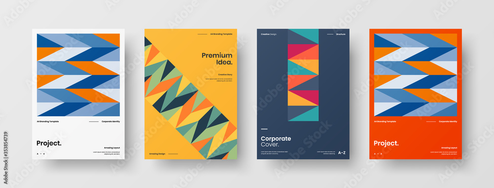 Fototapeta Company identity brochure template collection. Business presentation vector A4 vertical orientation front page mock up set. Corporate report cover abstract geometric illustration design layout bundle.