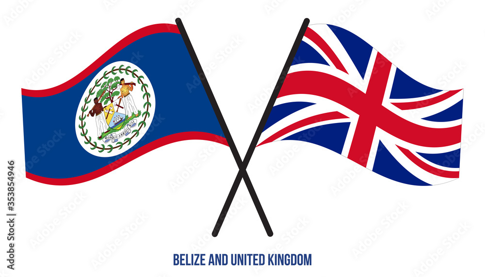 Belize and United Kingdom Flags Crossed And Waving Flat Style. Official Proportion. Correct Colors