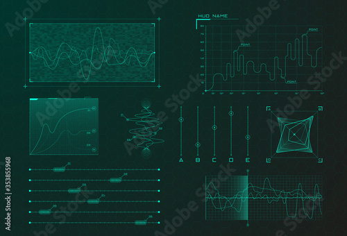 Set of HUD infographic elements. Sci-fi charts and diagrams for futuristic user interface HUD, UI, GUI. Big data analytics theme. Virtual green graphics. Editable stroke. Vector