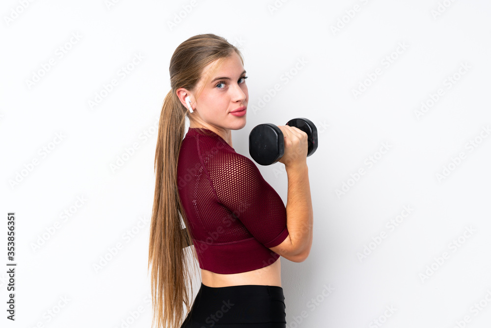 Sport teenager girl over isolated white background making weightlifting Sport teenager girl over isolated white background making weightlifting