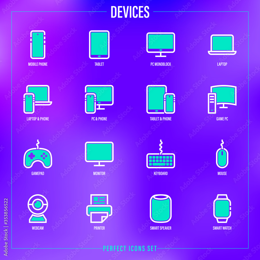 Devices set: smartphone, tablet, laptop, pc monoblock, game pc, gamepad, monitor, mouse, keyboard, webcam, printer, smart watch, smart speaker. Thin line icon. Vector illustration. Devices set: smartphone, tablet, laptop, pc monoblock, game pc, gamepad, monitor, mouse, keyboard, webcam, printer, smart watch, smart speaker. Thin line icon. Vector illustration.