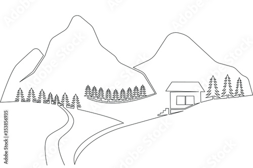 Landscape of mountains, trees, and a country house drawn in one solid continuous line. Vector illustration isolated on a white background.