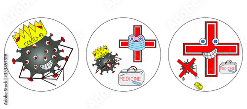 Vector illustration about the victory of Medicine over coronavirus Covid-19 in the form of a comic. For used as motivational sticker, positive background.