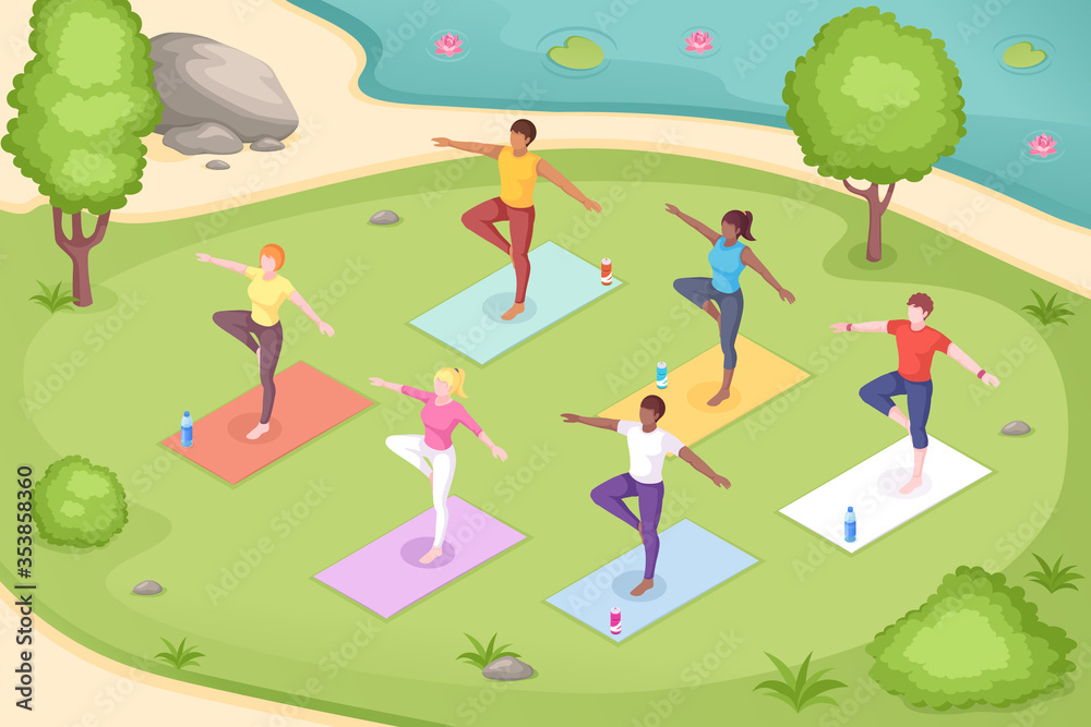 Yoga outdoor in park, group class meditation, vector isometric illustration  of women in pose on yoga mats. Yoga group class in park, body balance and  stretch pilates, mediation and wellness activity Stock
