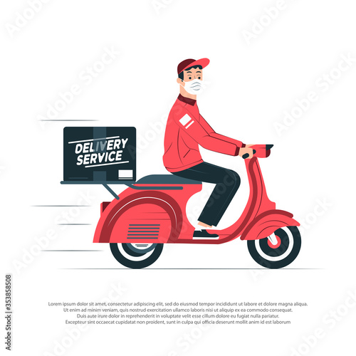 Poster concept for home delivery. Restaurant or supermarket delivering food at doorstep in quarantine. Sitting home and Order online food at anytime.Man with mask delivering food on bike.Food delivery