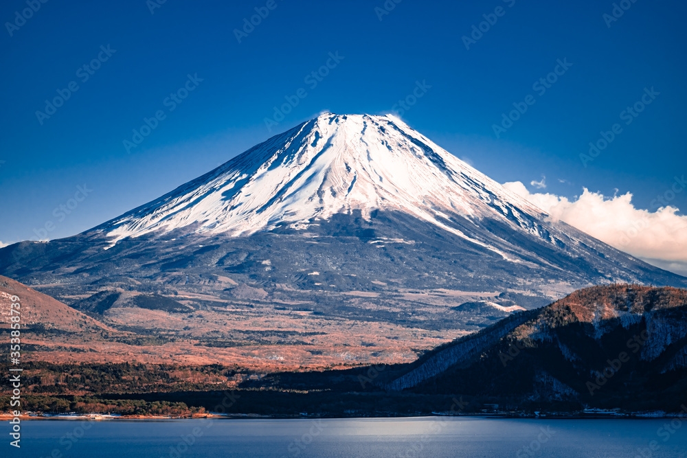 Closeup View of Mount Fuji across Lake Motosu in Yamanashi, Japan Closeup View of Mount Fuji across Lake Motosu in Yamanashi, Japan