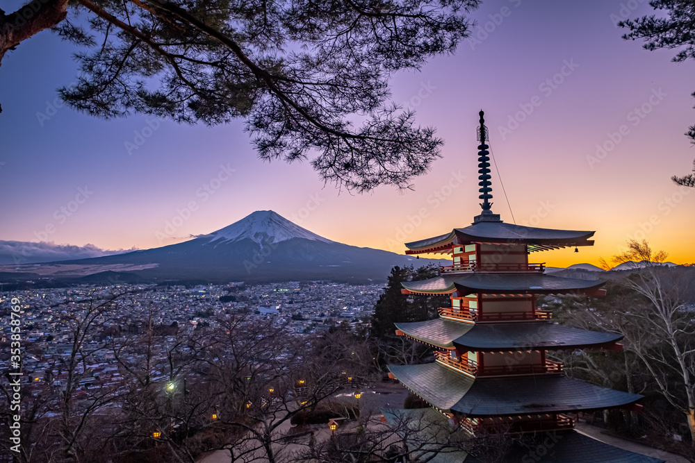 View of Mount Fuji with the Chureito Pagoda of Asakura Sengen shrine during sunset magic hour in winter View of Mount Fuji with the Chureito Pagoda of Asakura Sengen shrine during sunset magic hour in winter