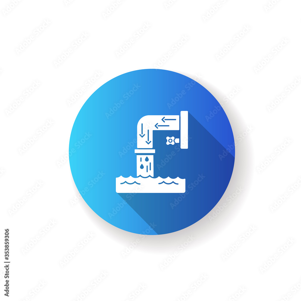 Drainage system blue flat design long shadow glyph icon. Steel pipe with flowing water. Environmental pollution from factory. Urban infrastructure. Silhouette RGB color illustration Drainage system blue flat design long shadow glyph icon. Steel pipe with flowing water. Environmental pollution from factory. Urban infrastructure. Silhouette RGB color illustration