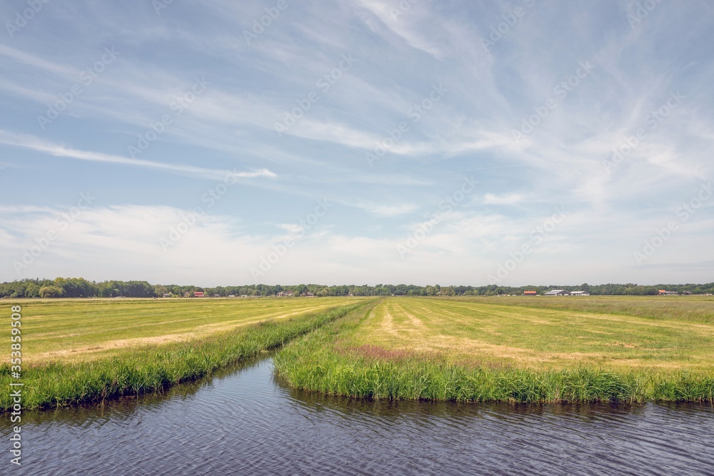 Landscape with meadows and ditches in Leidschendam, Netherlands.