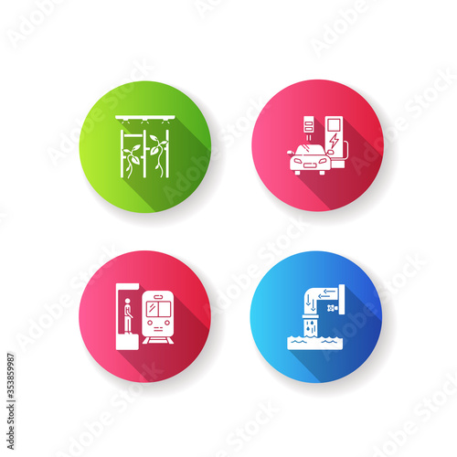 City structure flat design long shadow glyph icons set. Charge station for automobile. Drainage system. Subway station for passenger. Vertical garden. Silhouette RGB color illustration
