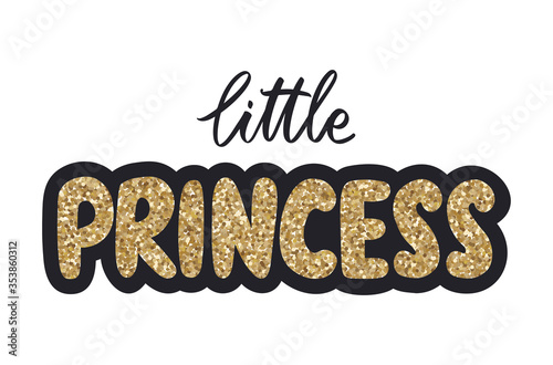 Princess lettering, Golden glitter crown. Typographic print for kids or babies. Sparkle Hand writing Calligraphy phrase