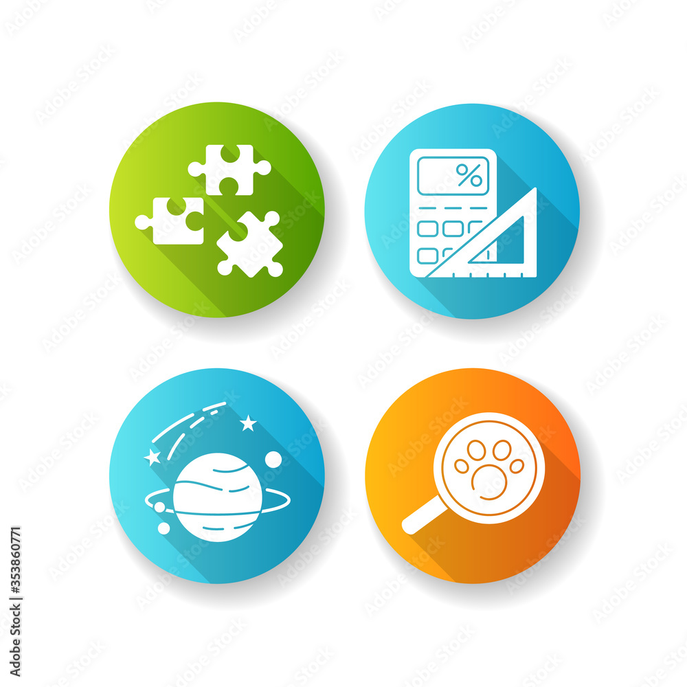 Natural and formal sciences flat design long shadow glyph icons set. Different scientific fields of study. Logic, mathematics, astronomy and zoology. Silhouette RGB color illustration Natural and formal sciences flat design long shadow glyph icons set. Different scientific fields of study. Logic, mathematics, astronomy and zoology. Silhouette RGB color illustration
