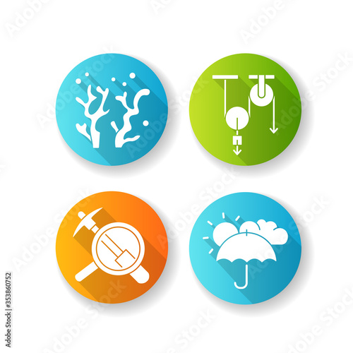 Physical and life sciences flat design long shadow glyph icons set. Formal and natural scientific fields. Physics, geology, oceanology and meteorology. Silhouette RGB color illustration