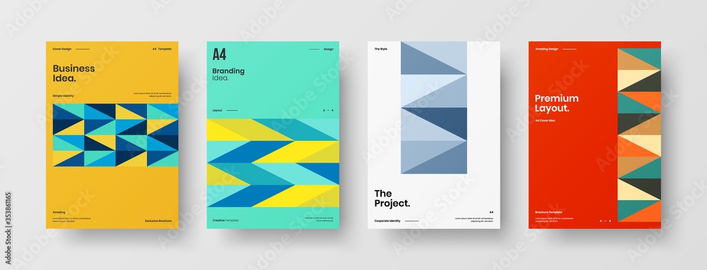 Company identity brochure template collection. Business presentation vector A4 vertical orientation front page mock up set. Corporate report cover abstract geometric illustration design layout bundle.