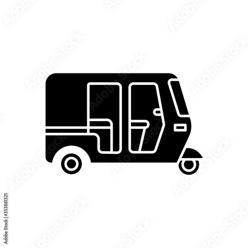 Auto rickshaw black glyph icon. Tuk-tuk. Indian transport. Traditional vehicle. Asian city transportation mode. Urban commuting. Silhouette symbol on white space. Vector isolated illustration
