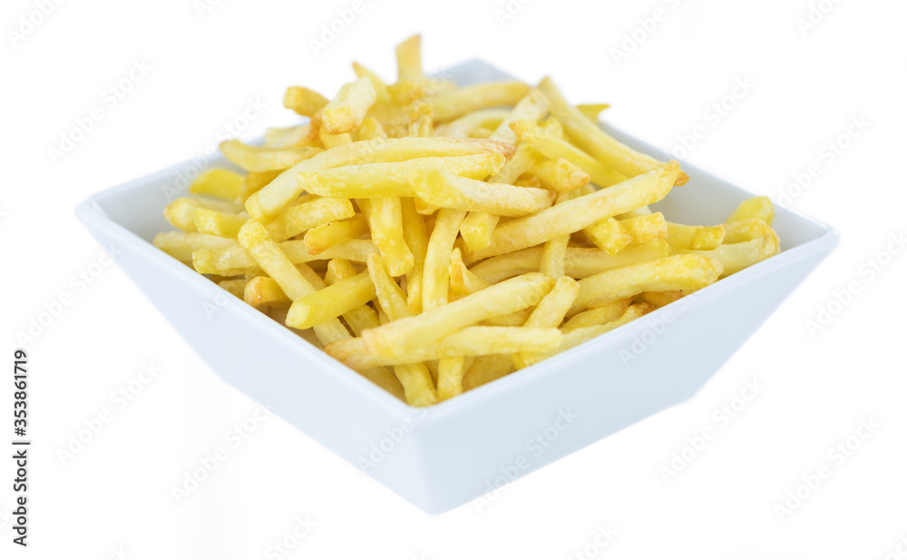 Crispy French Fries isolated on white background (close-up shot) Crispy French Fries isolated on white background (close-up shot)