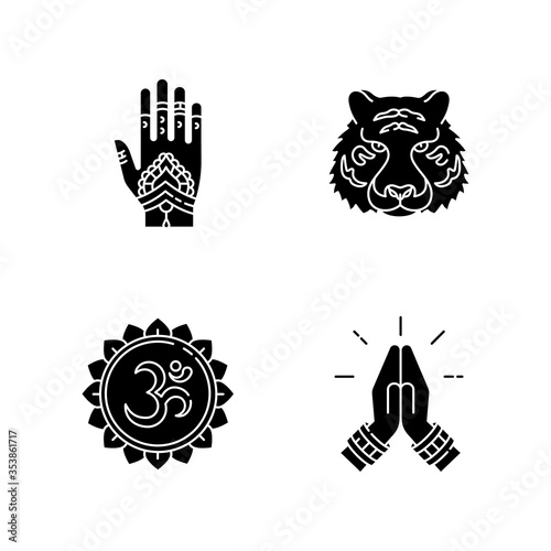 Indian culture black glyph icons set on white space. Mehndi on hand. Henna drawings. Bengal tiger. Om visual representation. Namaste gesture. Silhouette symbols. Vector isolated illustration