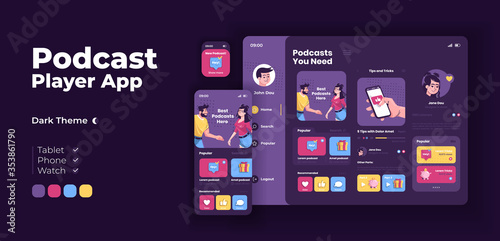 Multimedia player app screen vector adaptive design template. Podcasts streaming application night mode interface with flat characters. Content updates smartphone, tablet, smart watch cartoon UI