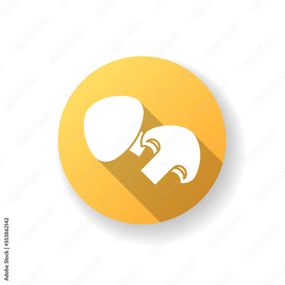 Mushroom yellow flat design long shadow glyph icon. Fresh vegetable for cooking meal. Product form grocery store. Vegan salad recipe, champignon ingredient. Silhouette RGB color illustration Mushroom yellow flat design long shadow glyph icon. Fresh vegetable for cooking meal. Product form grocery store. Vegan salad recipe, champignon ingredient. Silhouette RGB color illustration