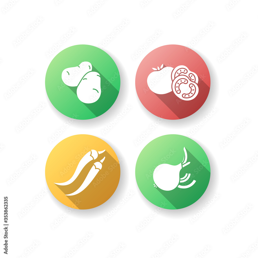 Healthy eating flat design long shadow glyph icons set. Raw potatoes for cooking. Fresh tomatoes to prepare sauce. Chili peppers. Ripe onion with sliced rings. Silhouette RGB color illustration Healthy eating flat design long shadow glyph icons set. Raw potatoes for cooking. Fresh tomatoes to prepare sauce. Chili peppers. Ripe onion with sliced rings. Silhouette RGB color illustration