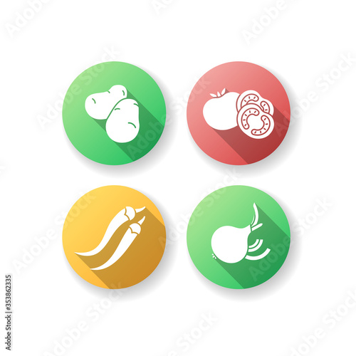 Healthy eating flat design long shadow glyph icons set. Raw potatoes for cooking. Fresh tomatoes to prepare sauce. Chili peppers. Ripe onion with sliced rings. Silhouette RGB color illustration