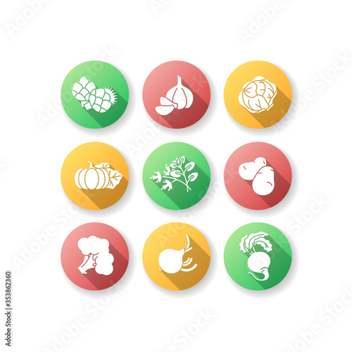 Vegetarian food flat design long shadow glyph icons set. Raw ingredient for vegan salad. Dieting for fitness. Fresh organic food from farmer market. Silhouette RGB color illustration