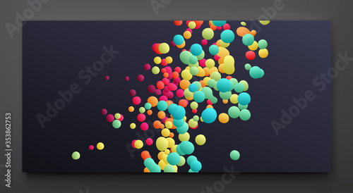 Many flying spheres of different sizes in empty space. Abstract background. 3d vector illustration.