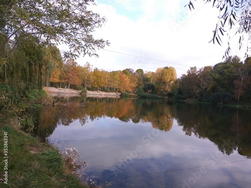 Autumn landscape. lake  trees with golden leaves are reflected in the water