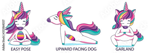 Vector yoga unicorn practice. Pretty little unicorn in yoga poses. Unicorn meditation. Can be used as print, postcard, invitation, greeting card, packaging design, textile, stickers, label, poster. 
