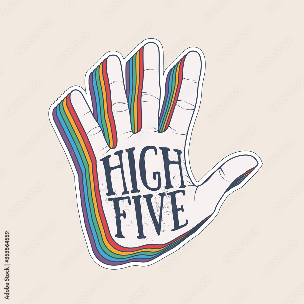 High five hand palm silhouette with vintage styled rainbow shadow
