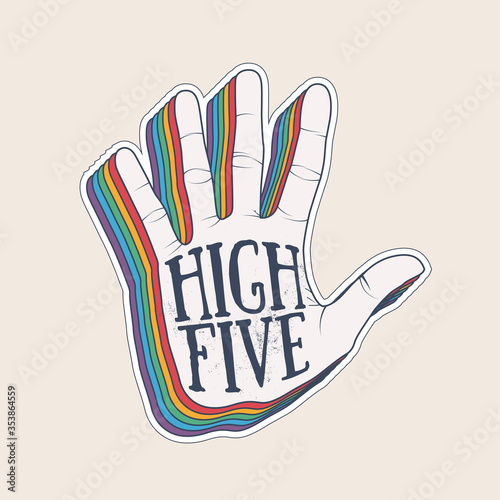 High five hand palm silhouette with vintage styled rainbow shadow sticker design template. Vector illustration