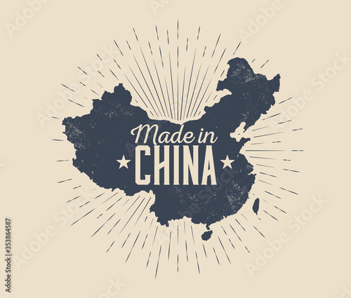 Made in China label badge or logo design with China map silhouette with sunburst isolated on light background. Vintage styled vector illustration