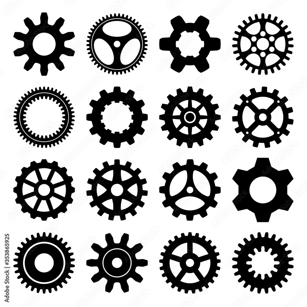 Collection Mechanical sprocket gears sets, black silhouette, small, medium and large, 4 types. Vector illustration.