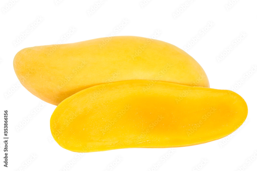 Whole yellow mango with half on white background, Fresh golden mango, Ripe mango slices, Ripe yellow mango, sweet, delicious, Planted in Thailand
