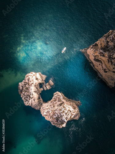 Portugal, Algarve. Cliffs, and ocean, top down aerial view