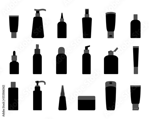 Cosmetics bottle icon set. Beauty products in jars with dispenser  pump. Cosmetics package. Black  grey tube for gel  cream  essence  lotion. Plastic container. Vector isolated on white background.