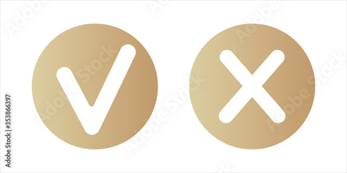 White tick symbol or check mark and cross or x sign in a golden circle. Confirm and deny icon for checklist, apps, websites. Approval and disapproval check sign button. Isolated vector illustration.