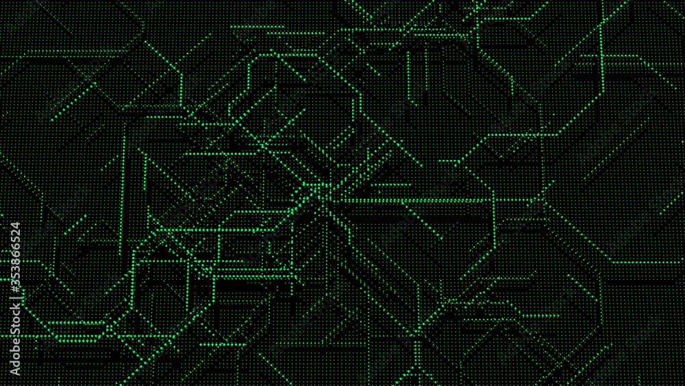Abstract matrix. Gradient halftone. Many green dots of different sizes on dark background. 3d