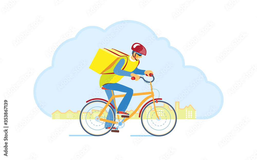 Delivery Boy worker of fast delivery service. Bicycle courier, Express Online ordering mobile app. Man on bicycle with parcel box on backpack delivers food In city.Ecological courier carrier service