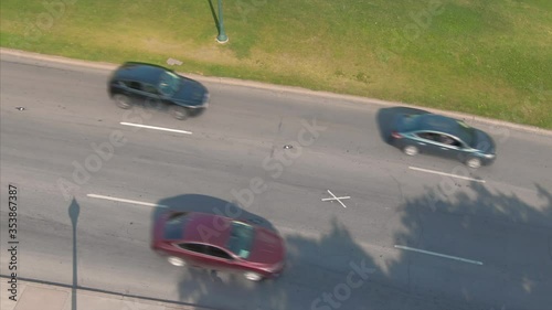 Aerial: X marking the spot in Dealey Plaza where President Kennedy assassinated. Texas, USA photo