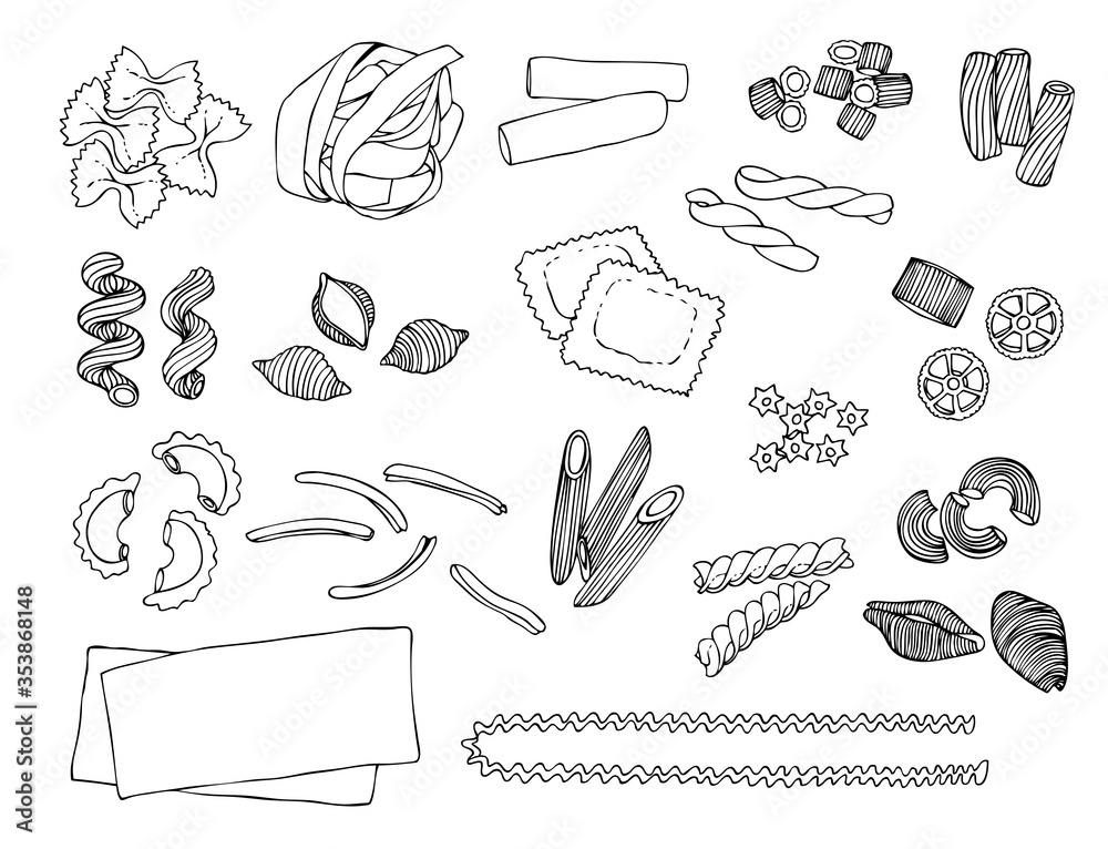 Pasta shapes vector sketch collection, hand drawn italian pasta
