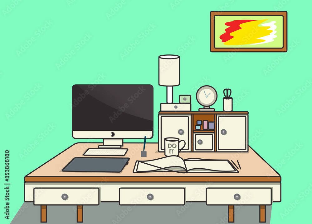 A designer workplace with computer and other elements A designer workplace with computer and other elements