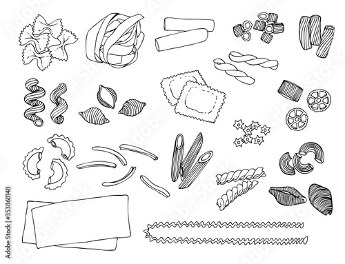 Pasta shapes vector sketch collection, hand drawn italian pasta illustration isolated on white background