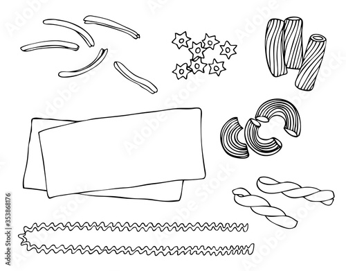 Pasta shapes vector sketch collection, hand drawn italian pasta illustration isolated on white background