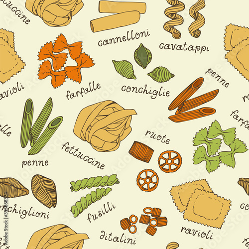 Pasta shapes vector seamless pattern, hand drawn italian pasta illustration isolated on white background