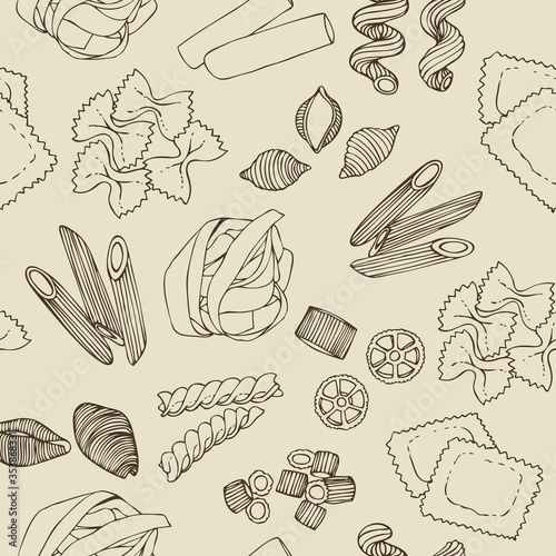 Pasta shapes vector seamless pattern, hand drawn italian pasta illustration isolated on white background
