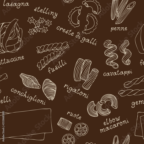 Pasta shapes vector seamless pattern, hand drawn italian pasta illustration isolated on white background