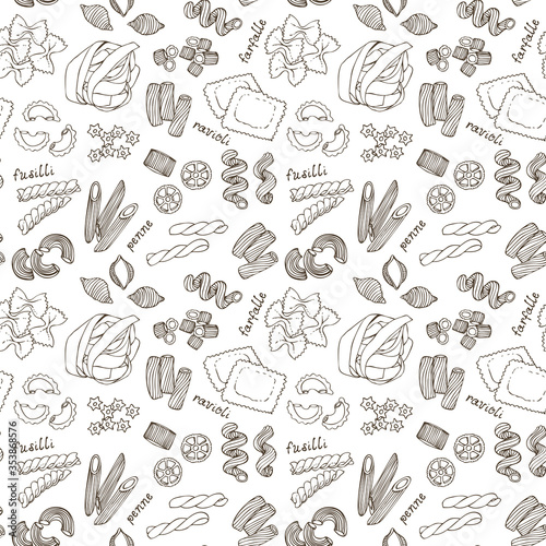 Pasta shapes vector seamless pattern, hand drawn italian pasta illustration isolated on white background