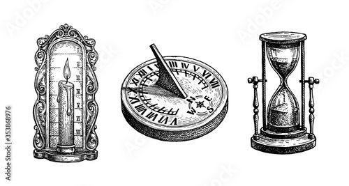 Different types of antique clocks.